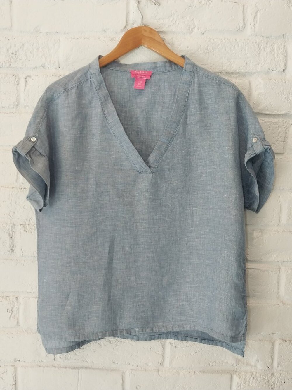 Isaac Mizrahi 100% Linen Blue Popover Tunic Blouse Top Shirt Lagenlook Relaxed